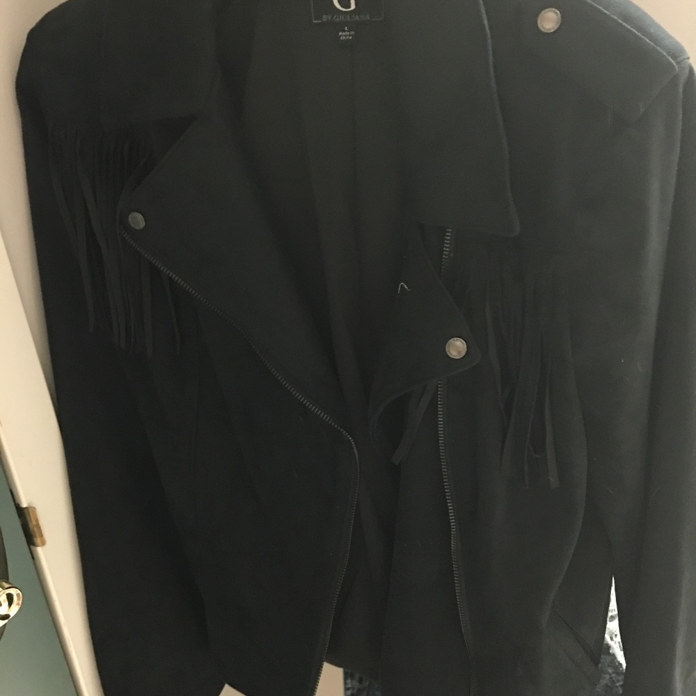Faux suede motto jacket with fringe